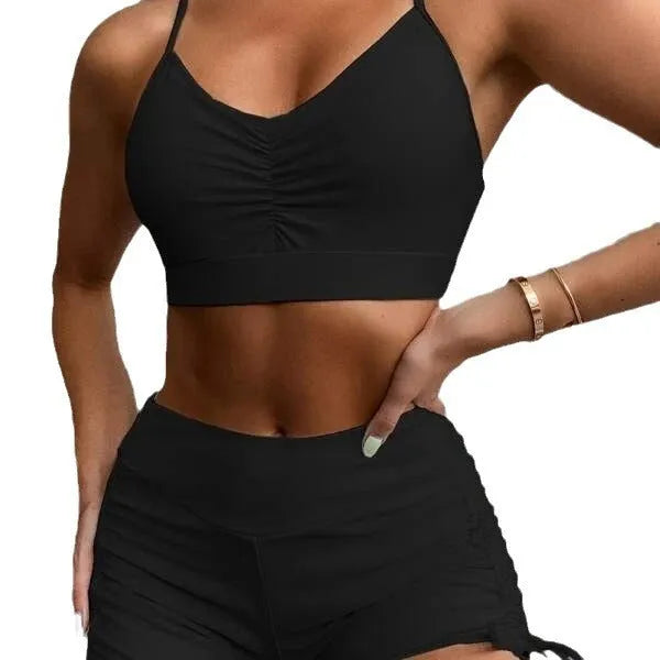 Women's black high waist split bikini swimsuit with spandex lining.