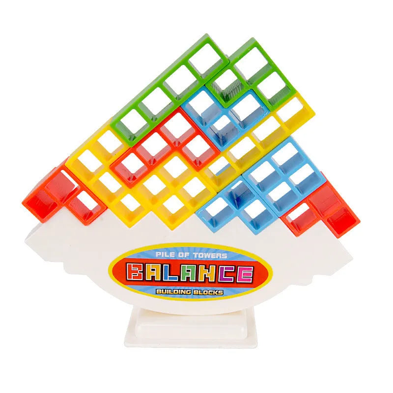 Plastic balance stacking board game with coloured blocks, chassis, and base for kids and adults.