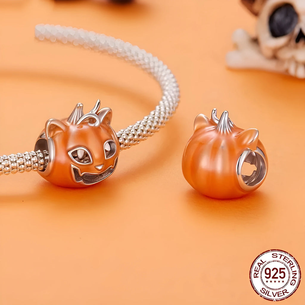 Halloween luminous oil dripping pumpkin cat bead in 925 sterling silver, height 1.2 cm width 1.1 cm