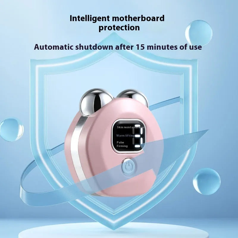 Portable white, light blue, or pink hot compress and micro current facial massage instrument with double rollers.