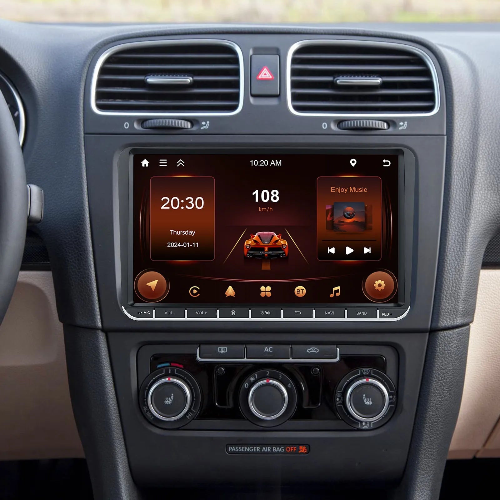 Volkswagen car dashboard showing 7-inch Android central control unit with navigation map on screen