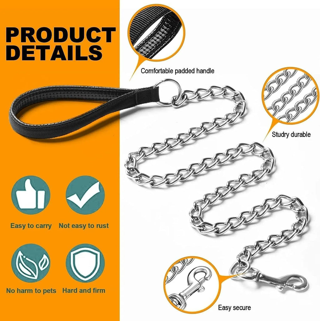 Heavy duty metal dog chain leash with soft padded handle in black, blue, or red colours