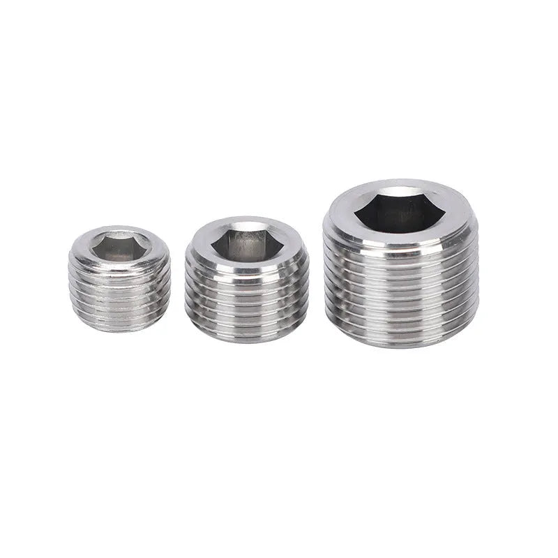 Stainless steel hexagon plug for 3/8 inch pipe bulkhead fitting on a white background