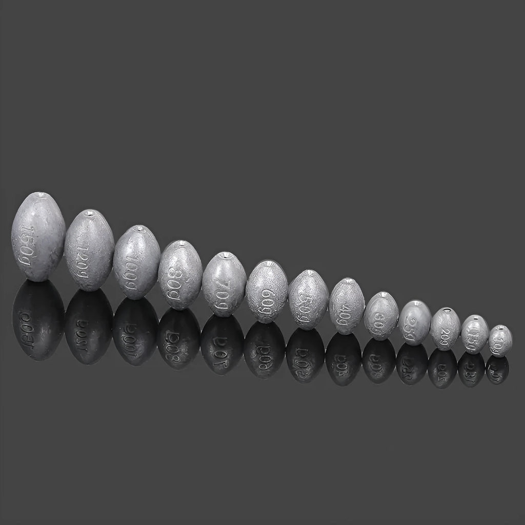 Tongxin olive-shaped lead fishing sinker with scale texture and internal plastic core.
