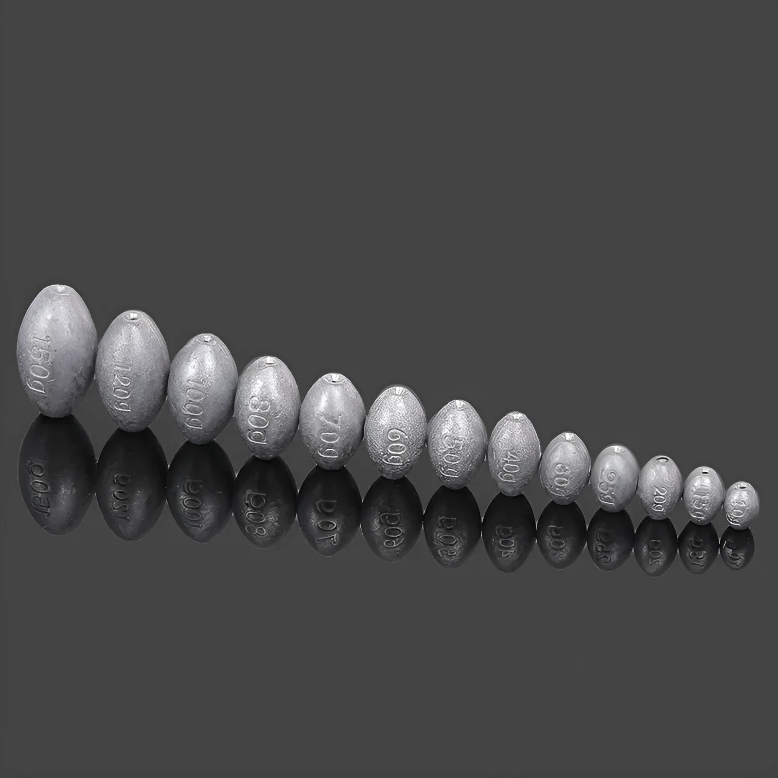 Tongxin olive-shaped lead fishing sinker with scale texture and internal plastic core.