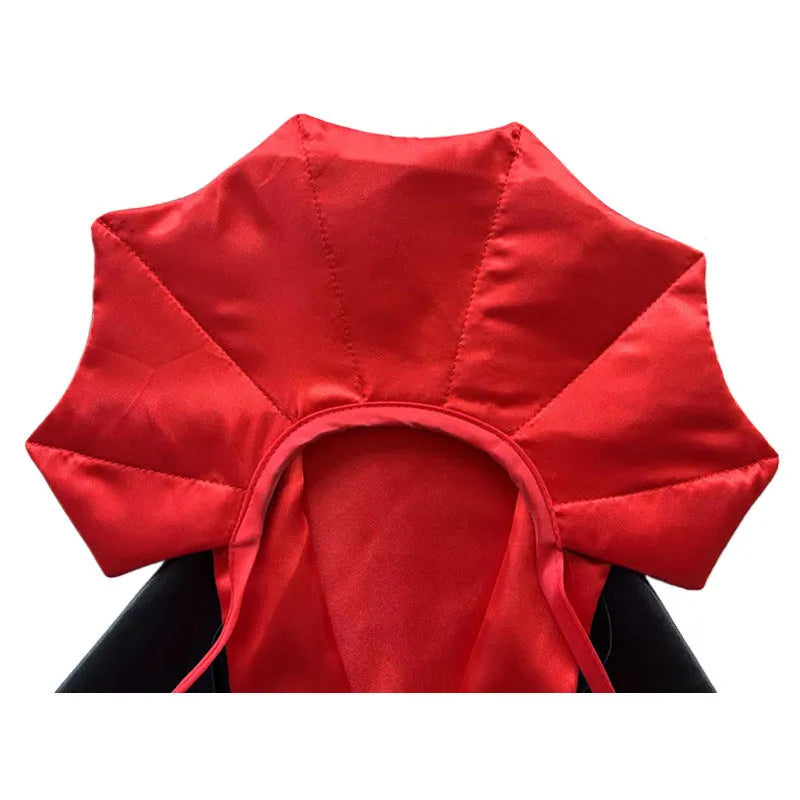 Halloween pet costume with bat cloak and devil horn hat in purple or red