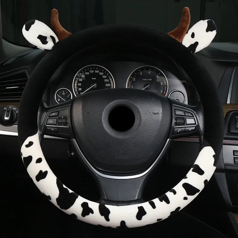 Short plush automotive steering wheel cover in black with protective handle, 38cm diameter