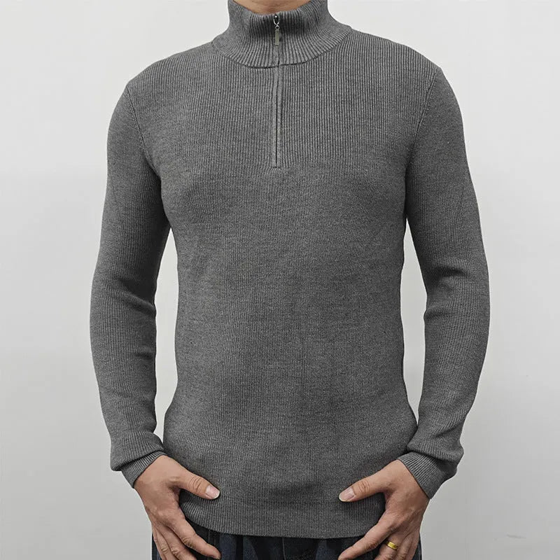 Men's black half-turtleneck sweater with front zipper and long sleeves in American style design