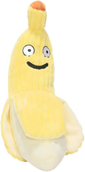 Yellow banana-shaped plush cat toy with crinkle sound feature for chewing and kicking