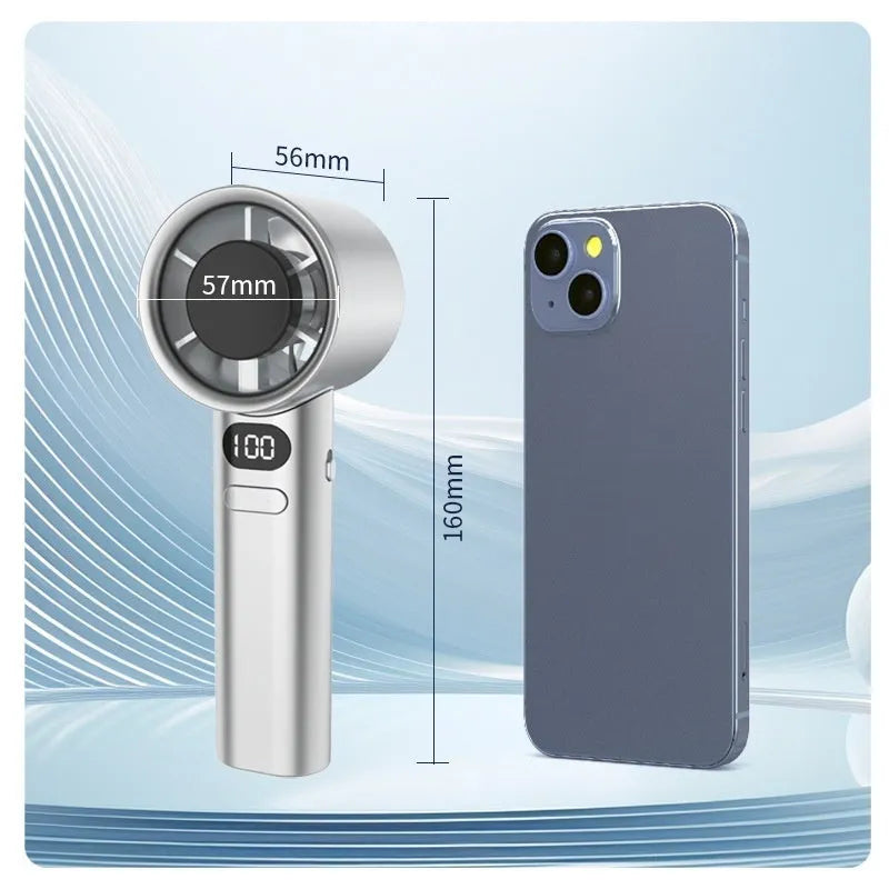 A compact white USB handheld fan with multiple speed settings on a dial.
