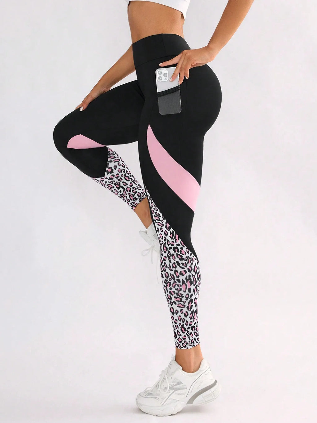 Women's high waist yoga leggings with contrast patchwork pattern and side pockets