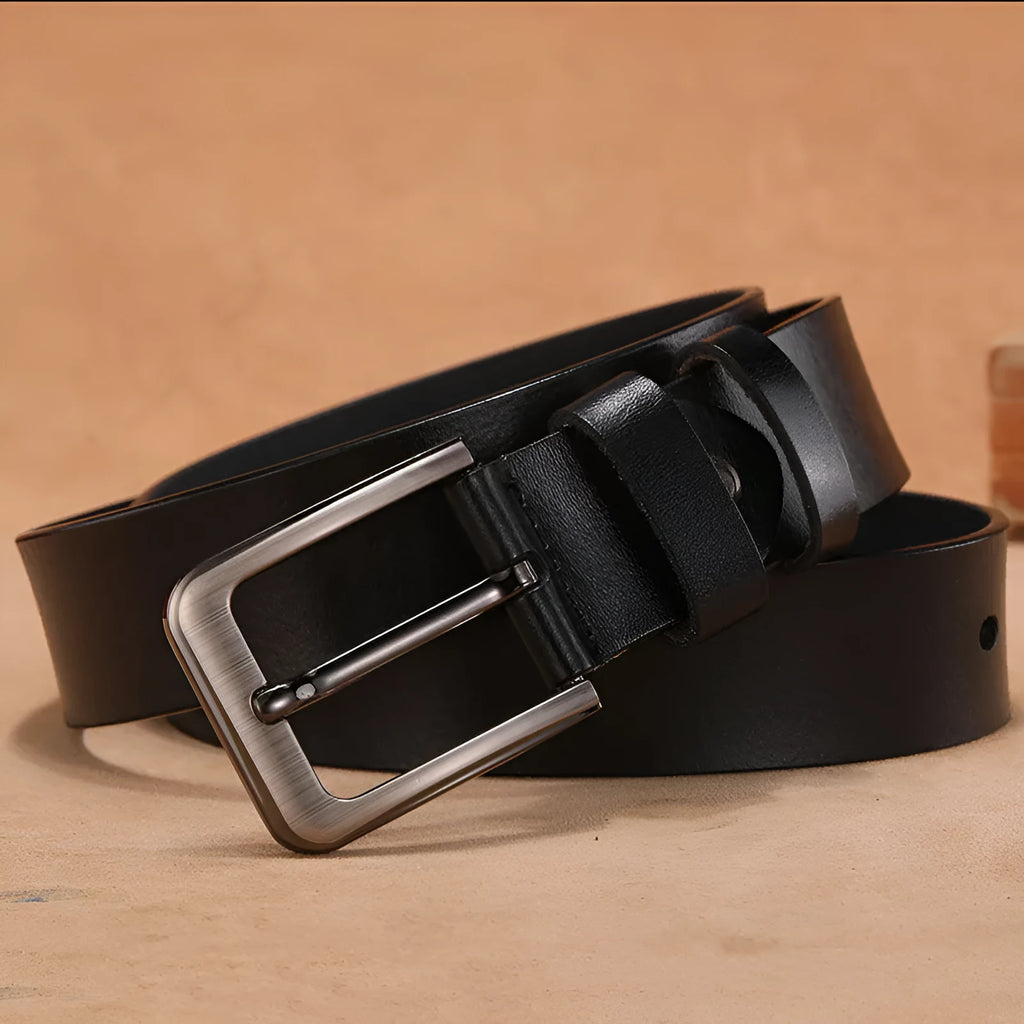 Square head pin buckle casual belt in black or brown colour with alloy buckle and adjustable strap