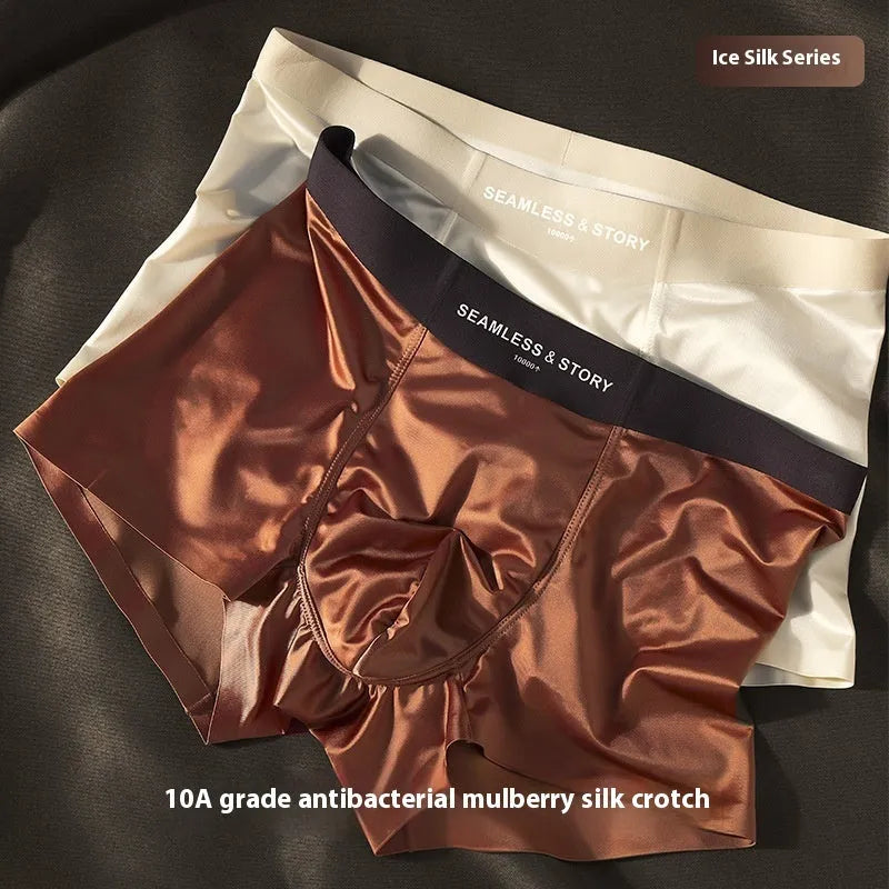 Men's ice silk satin underwear in coffee, light gray, white, and blue colours on a mid waist brief.