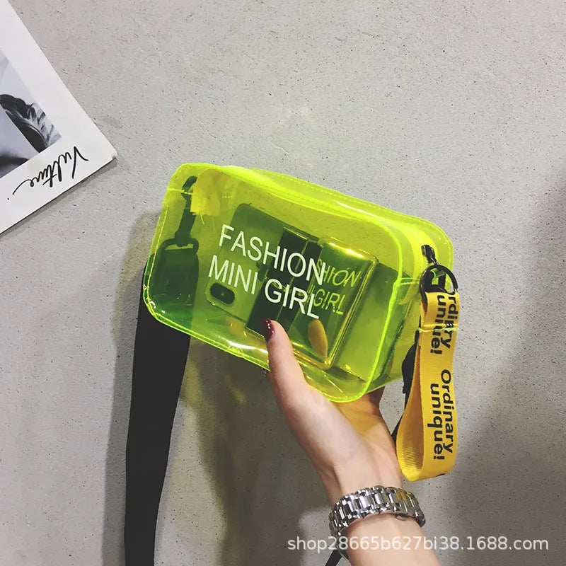 Transparent square jelly shoulder bag with diagonal cross design and adjustable strap