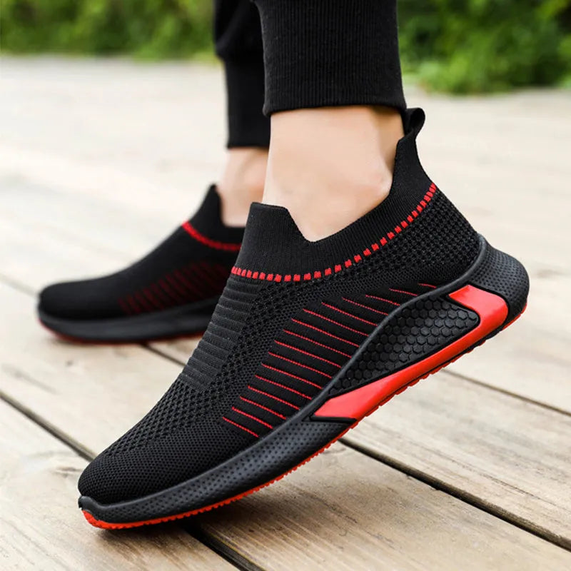 Men's striped mesh sock shoes with lace-up front and flat heel design
