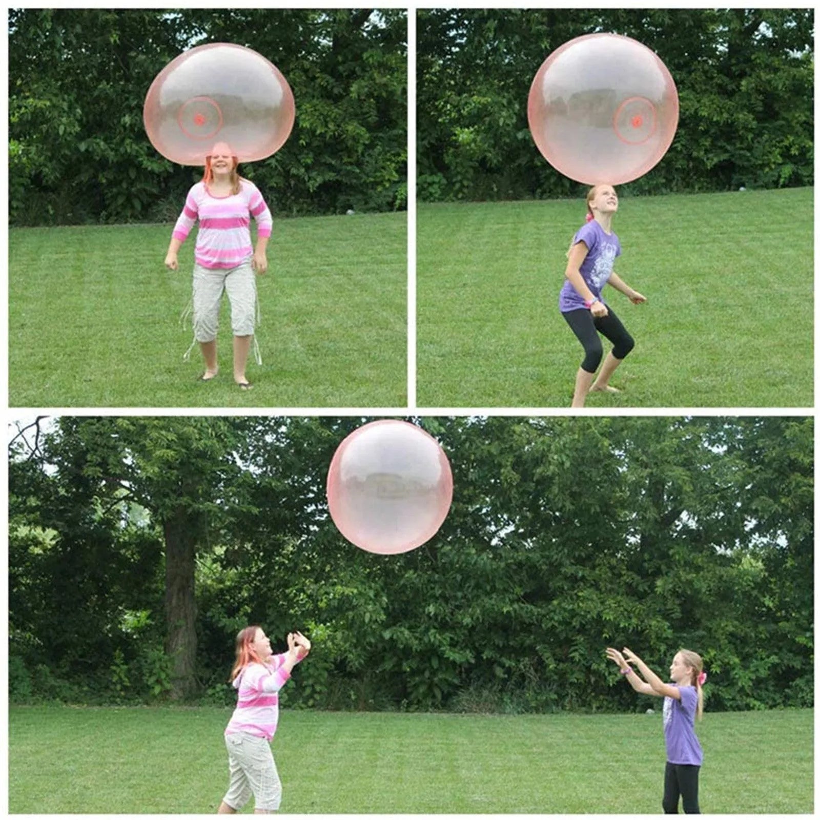 Large pink, yellow, green, and blue inflatable bouncy balls in different sizes for children's parties