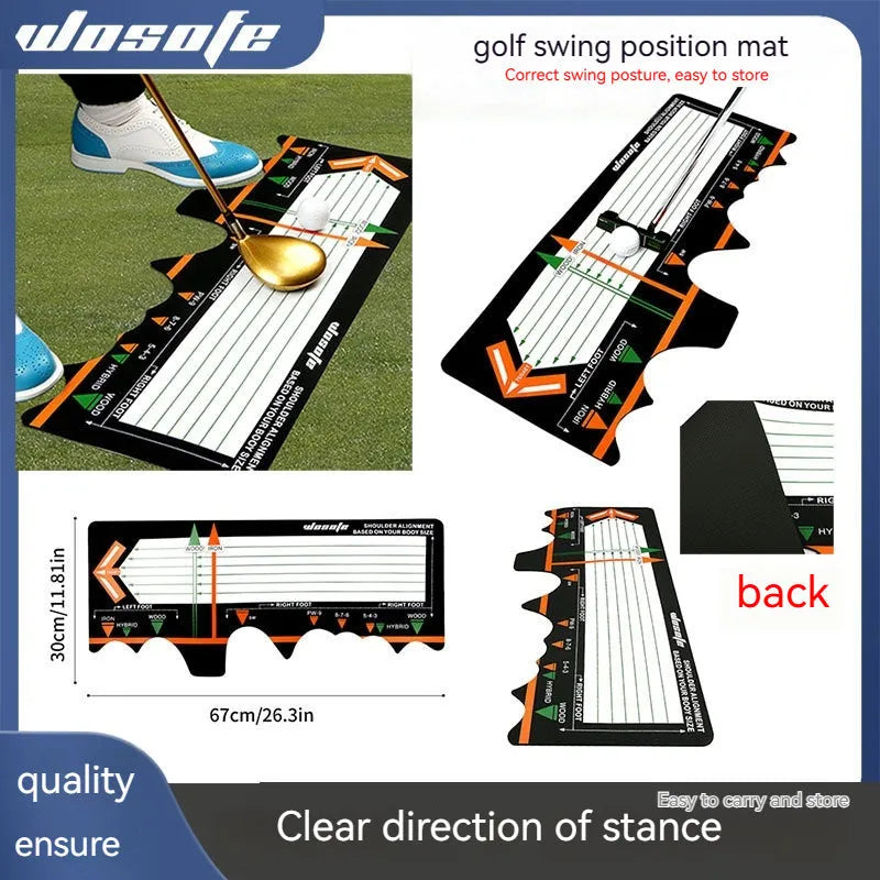 Black neoprene golf swing stance alignment pad on grass
