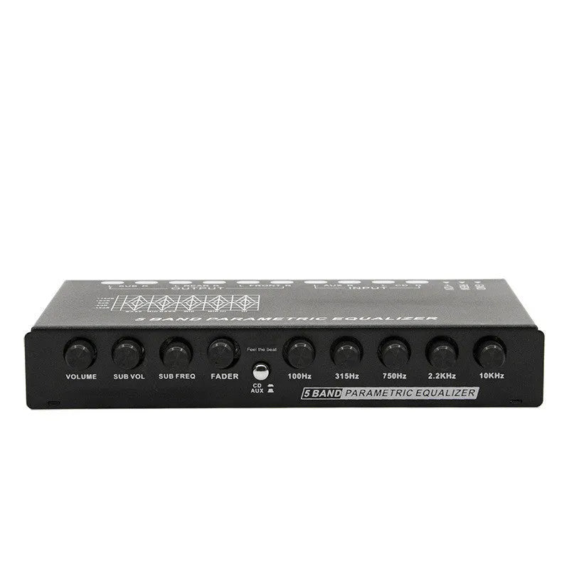 Black car audio equaliser amplifier with frequency control knobs and compact 18.5cm design
