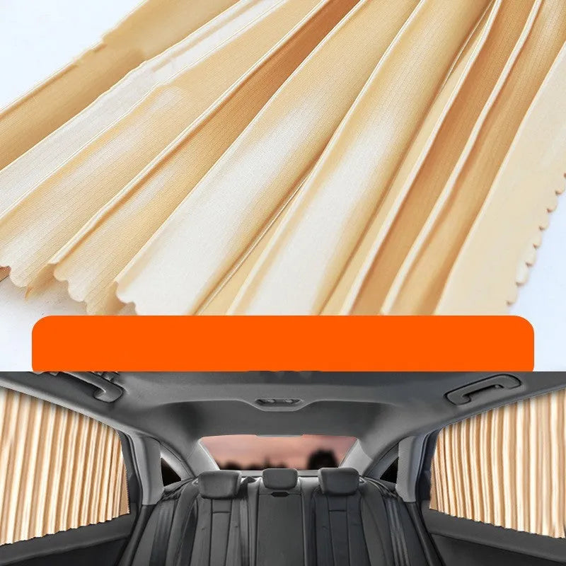 Auto retractable car sun curtain with roller shutter mechanism in black colour extended over vehicle window