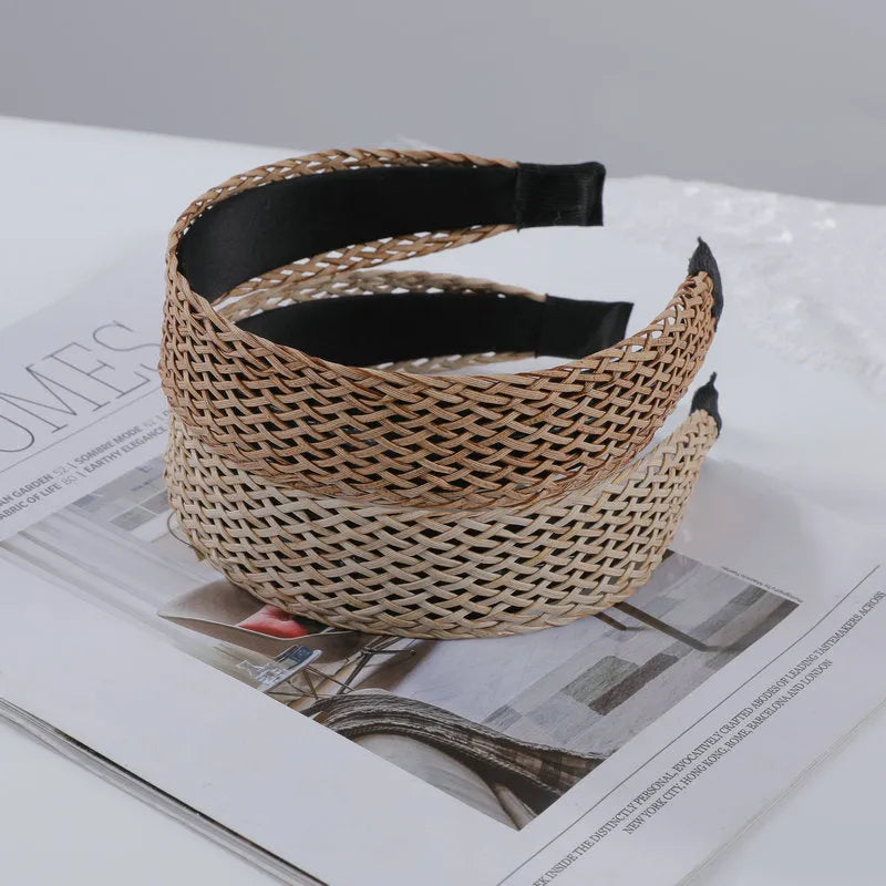 Bamboo woven wide brim hair band in bohemian straw weave style, black or khaki colour, cloth headband
