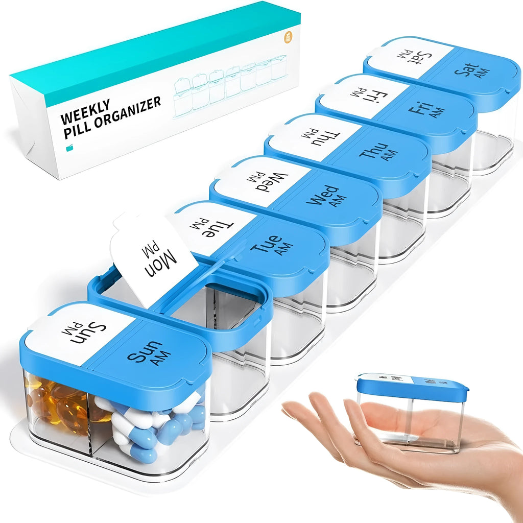 Extra large white and rainbow coloured plastic pill box with 14 removable compartments.