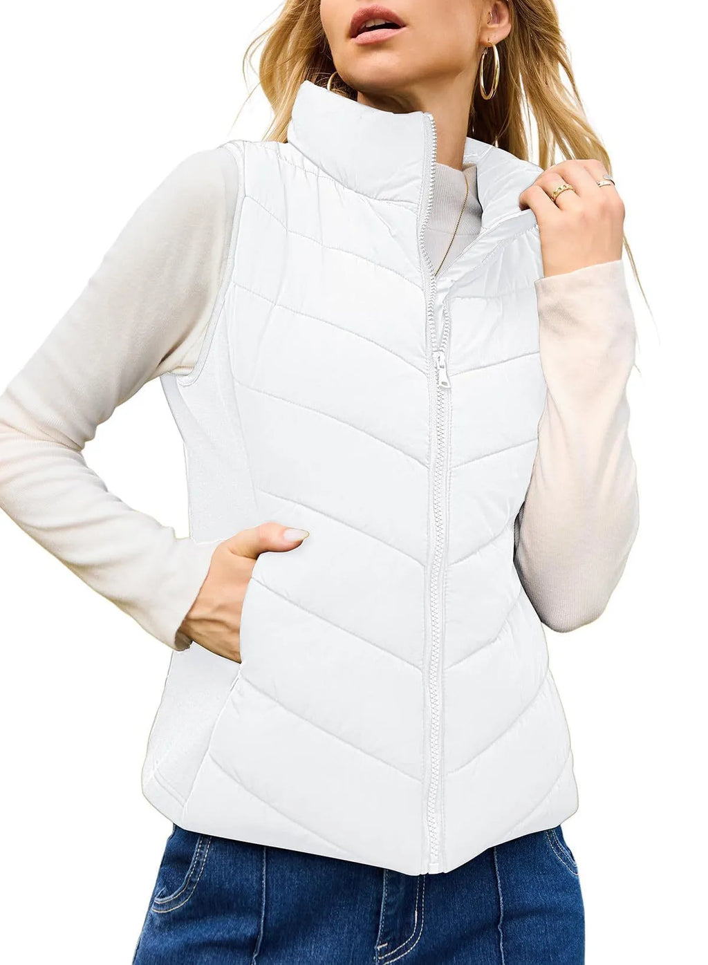 Women's solid colour stand collar quilted vest in navy blue, slim fit, with side pockets