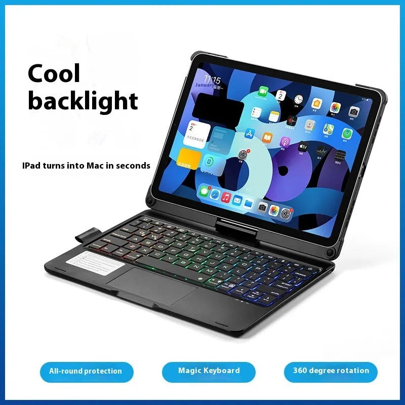 Miaocontrol Bluetooth keyboard with iPad showing 360-degree rotating hinge in rose gold colour