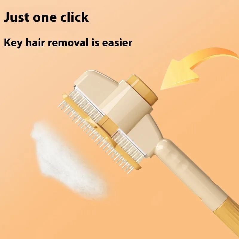 Yellow and green self-cleaning pet comb for dogs and cats with a release button and stainless steel teeth.