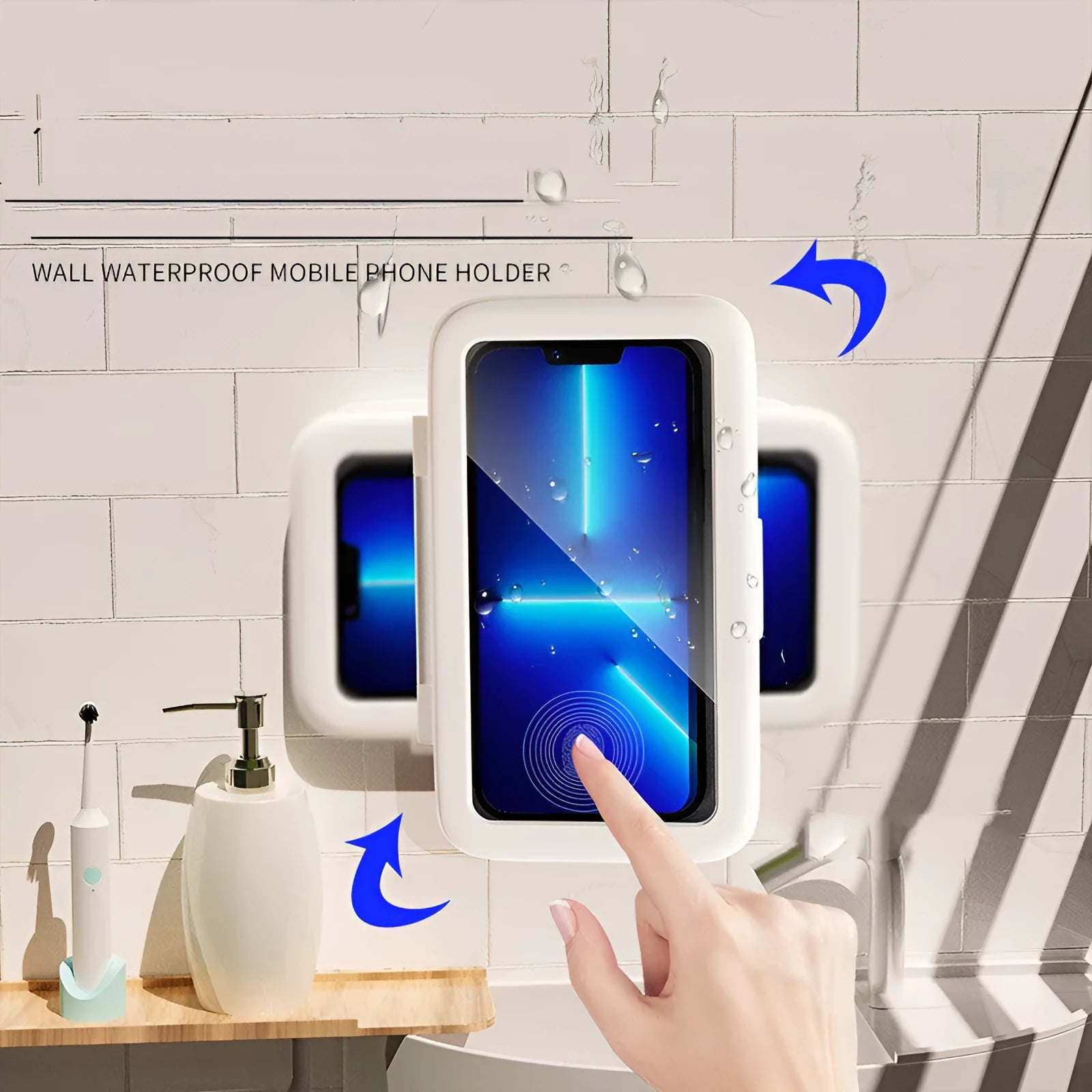 White waterproof phone holder mounted on bathroom tile showing smartphone visible through anti-fog window