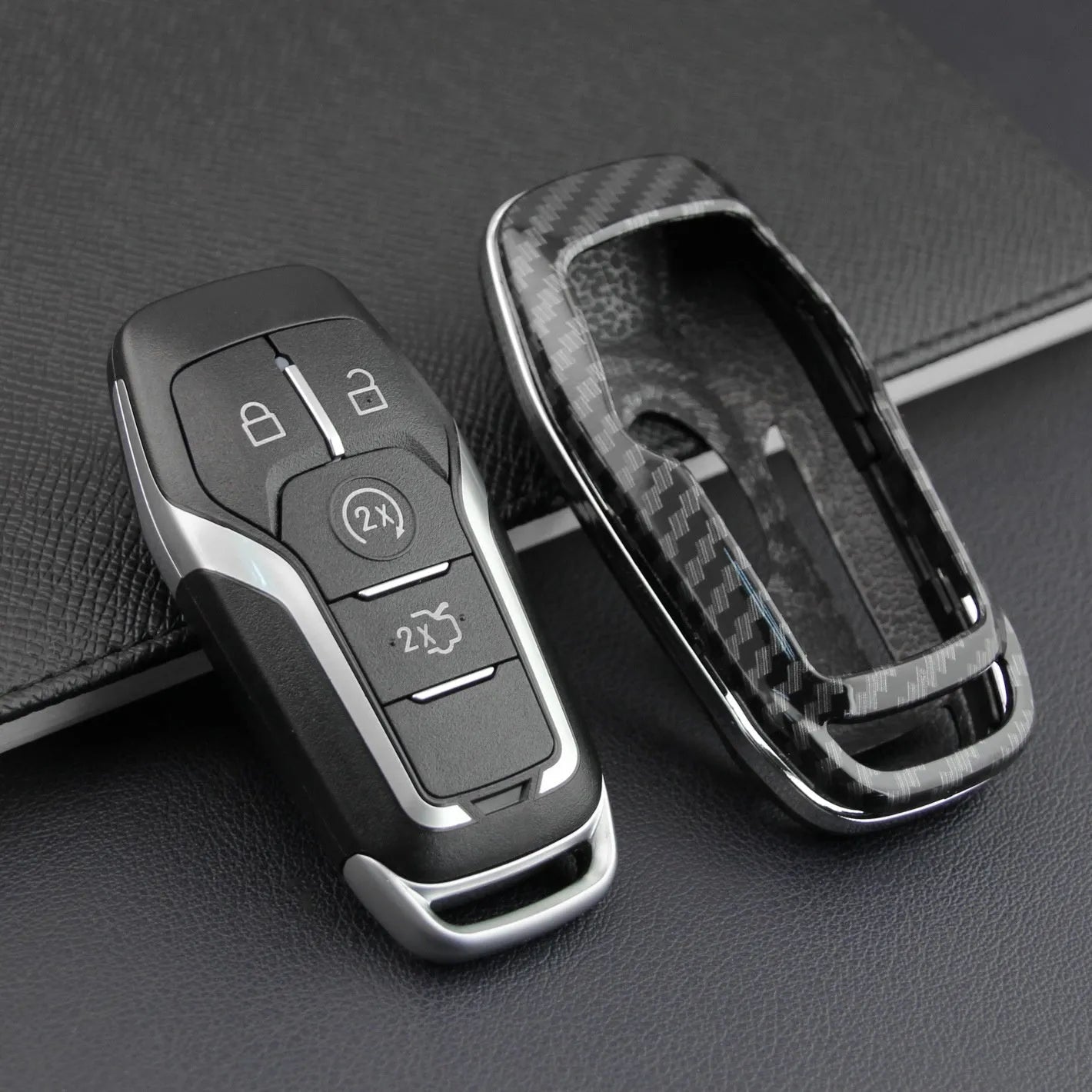 Plastic remote control protective shell for car keys with a buckle closure.