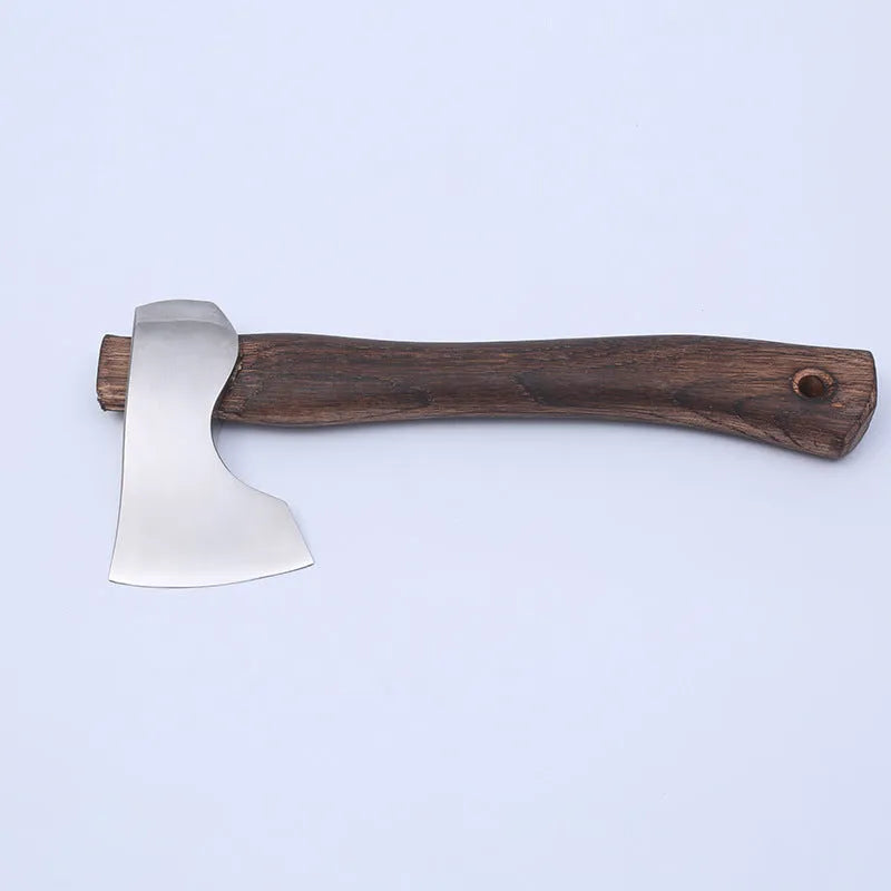 Camping axe with high carbon steel head and wooden handle showing 250mm length