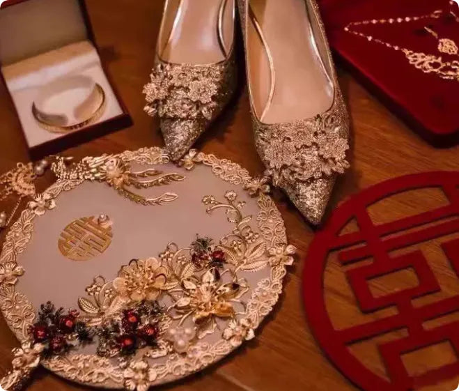 Champagne colour women's wedding shoes with crystal rhinestones and pointed toe design on fine heels