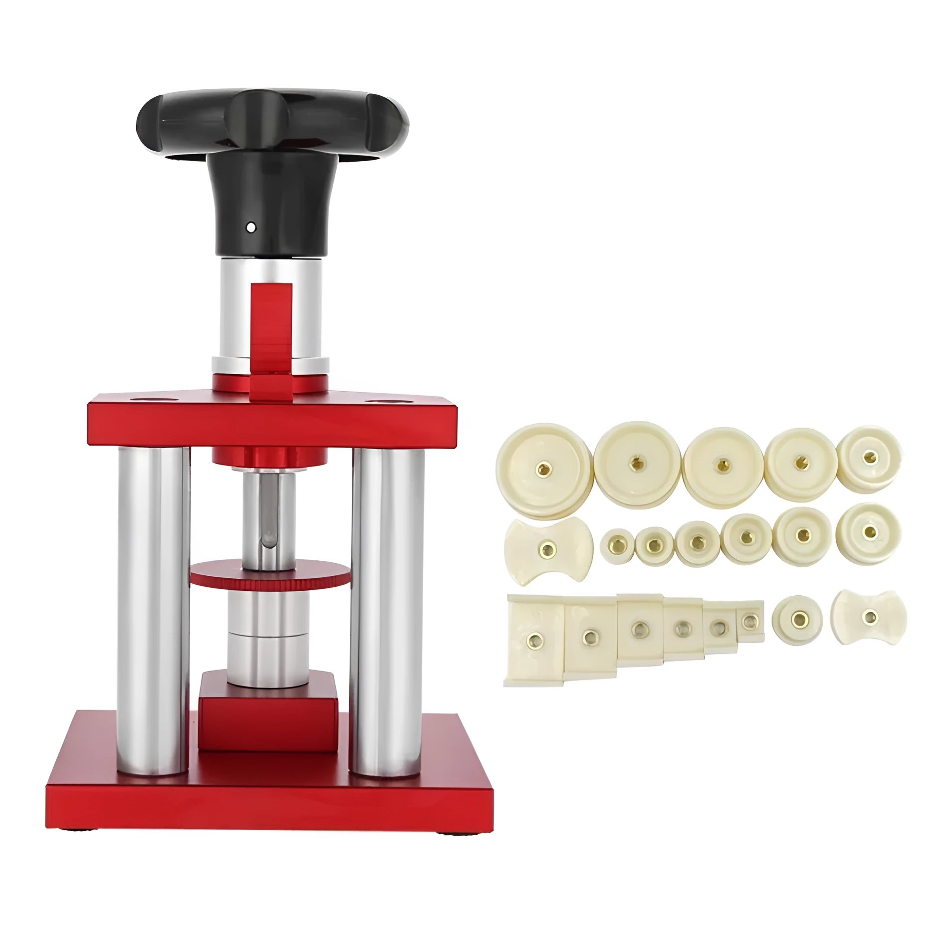 Watch repair spiral cap presser tool with a set of 20 plastic moulds for watch back covers