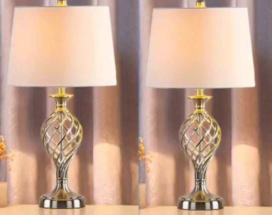 European style alloy bedside lamp with touch dimming, cold warm light, and USB charging port.