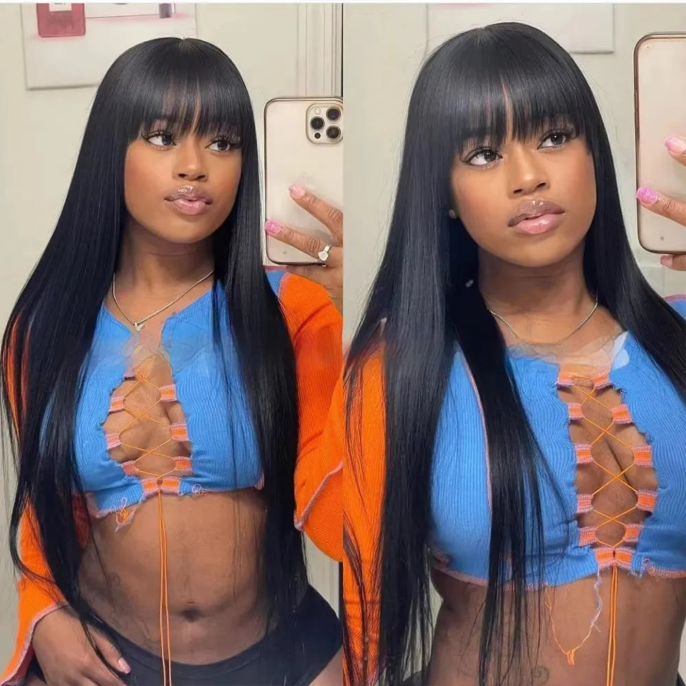 Natural colour full-mechanism human hair wig shown in a long style
