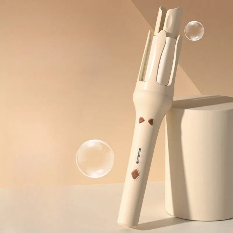 Automatic hair curler in white with purple accents, showing 32mm barrel and UK plug.