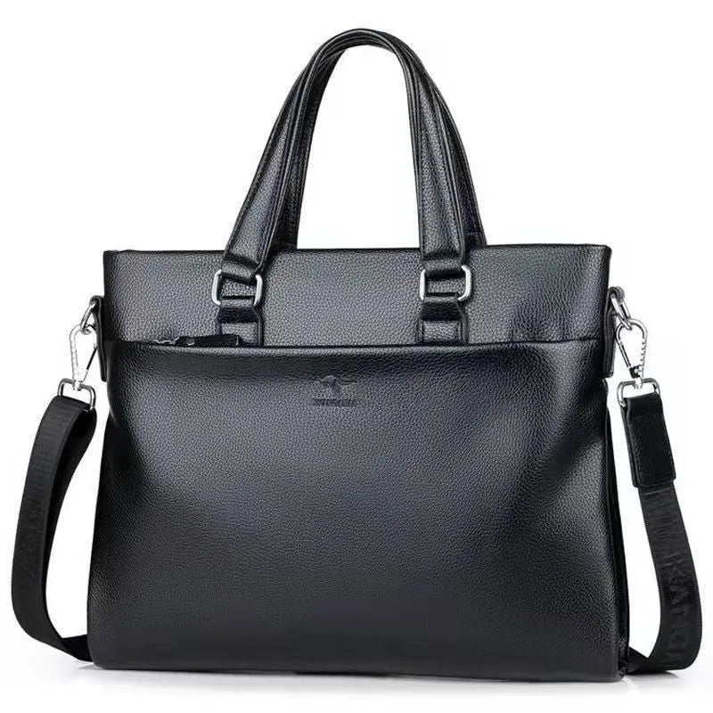 Men's black PU leather messenger bag with crossbody strap showing 35x30x4cm dimensions