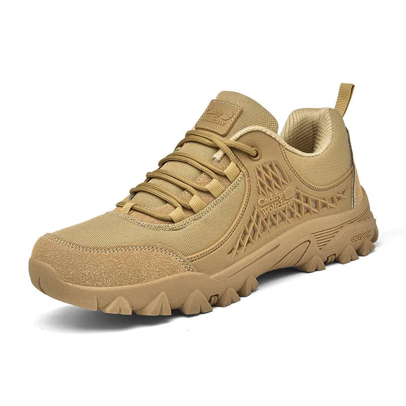 Men's khaki non-slip platform hiking shoes with PU mesh upper, low-top design, and front lace-up closure