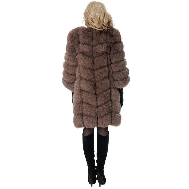 Women's thick artificial fur coat in an 80cm length, shown in a choice of colours.