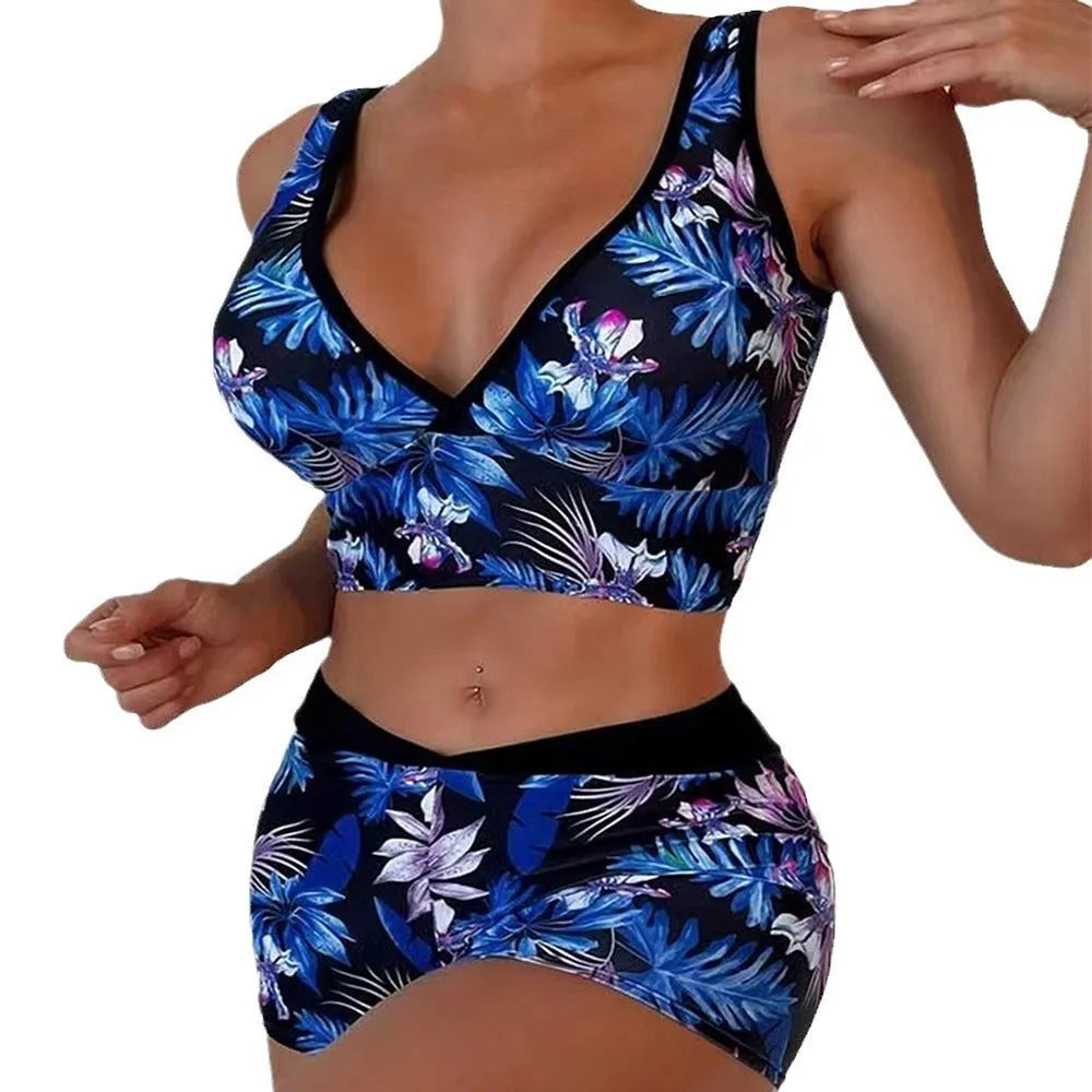 Women's two-piece swimsuit with printed boxer briefs and sleeveless top in multiple colours.