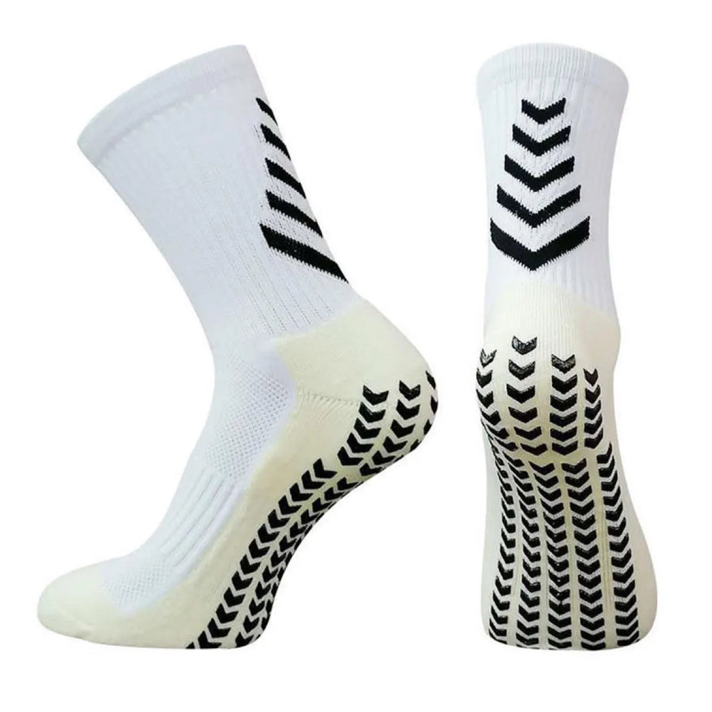 Men's athletic mid-calf socks with geometric arrow patterns and non-slip silicone grip