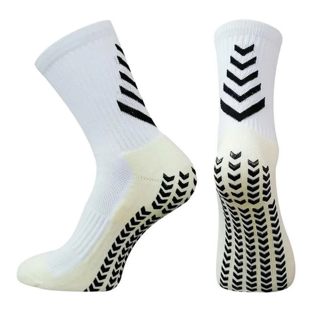 Men's athletic mid-calf socks with geometric arrow patterns and non-slip silicone grip