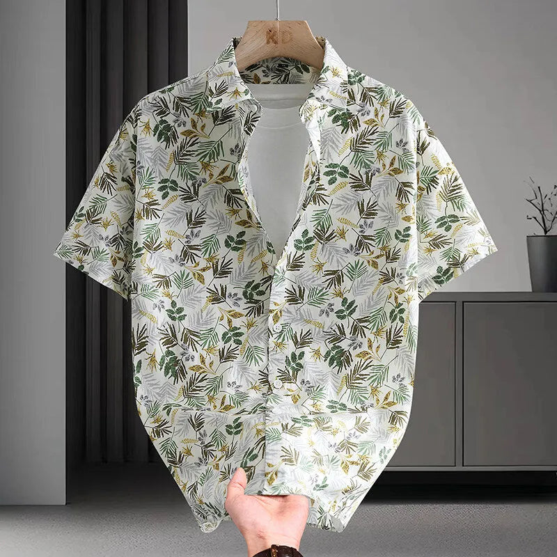 Men's floral print cotton short sleeve Hawaiian-style summer shirt on hanger