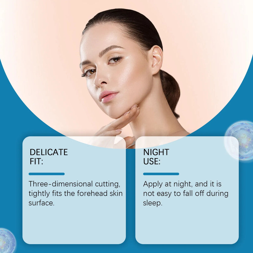 Five forehead skin care patches with non-woven fabric containing vitamin E and hyaluronic acid