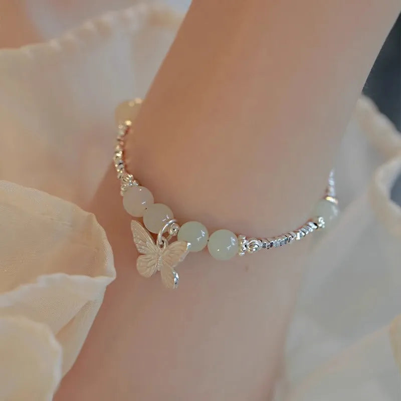 Hetian jade and silver butterfly bracelet and necklace set for women on electroplated copper