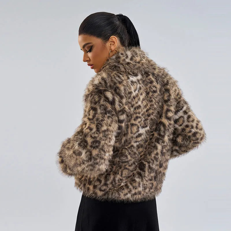 Women's leopard print coat with buckle lapel detailing and regular sleeves
