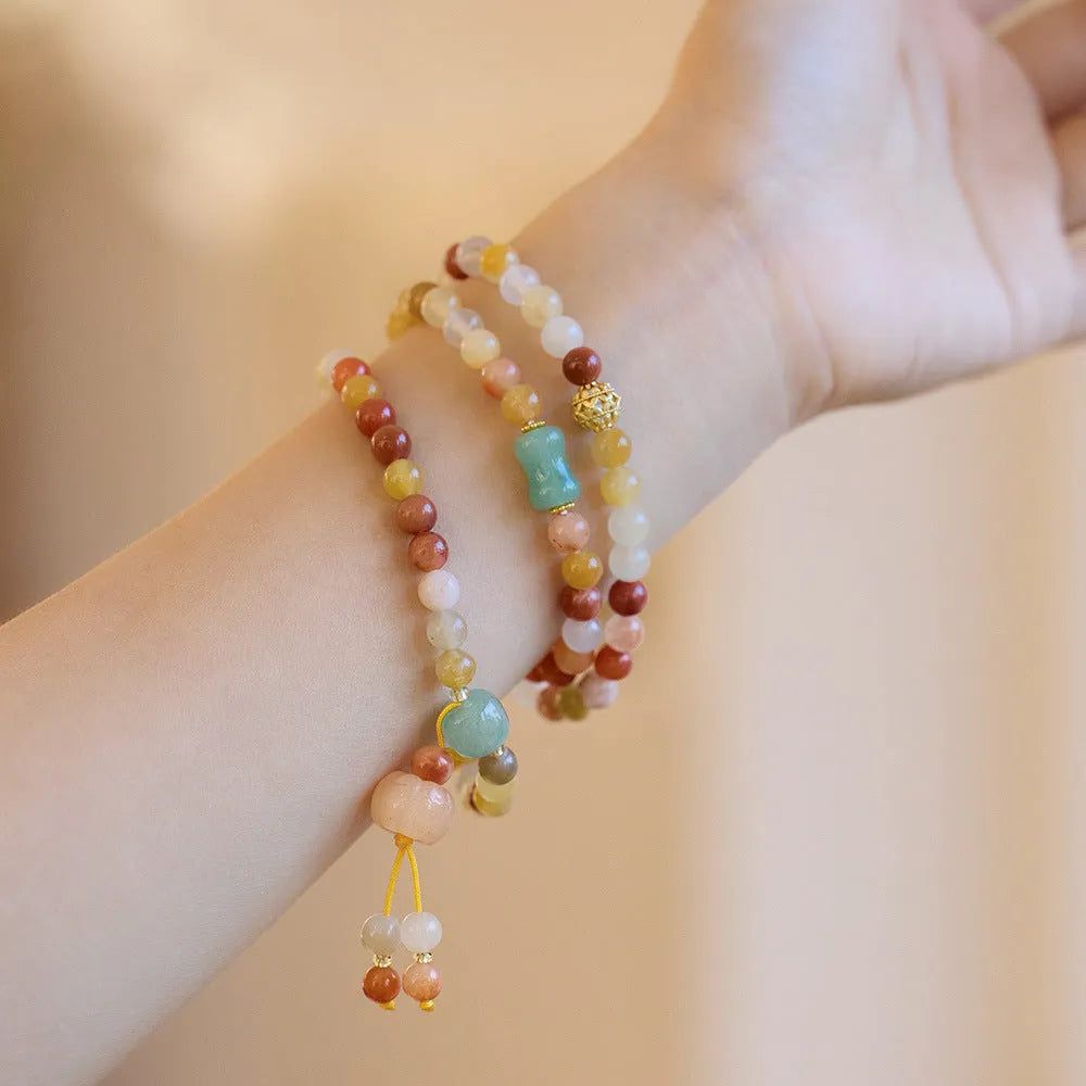 Women's three-circle pumpkin tassel bracelet in Jinsi Jade with 6mm beads