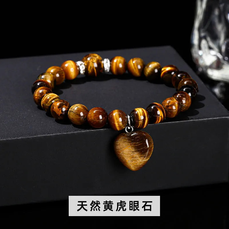 Handmade tigereye crystal love pendant bracelet with geometric round beads in natural gemstone colours