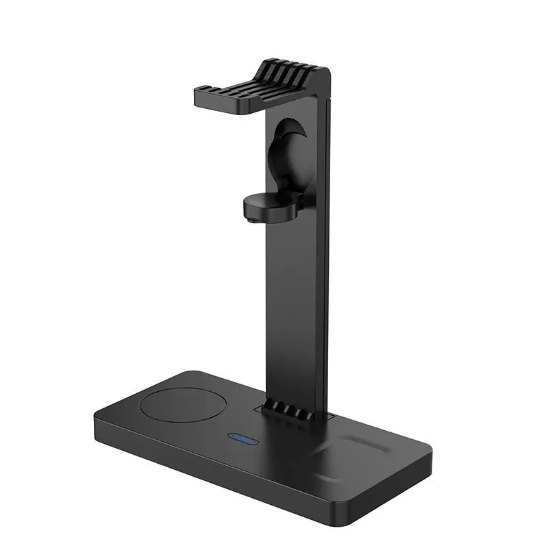 Black multi-function wireless charging station with USB ports for phones watches and headphones