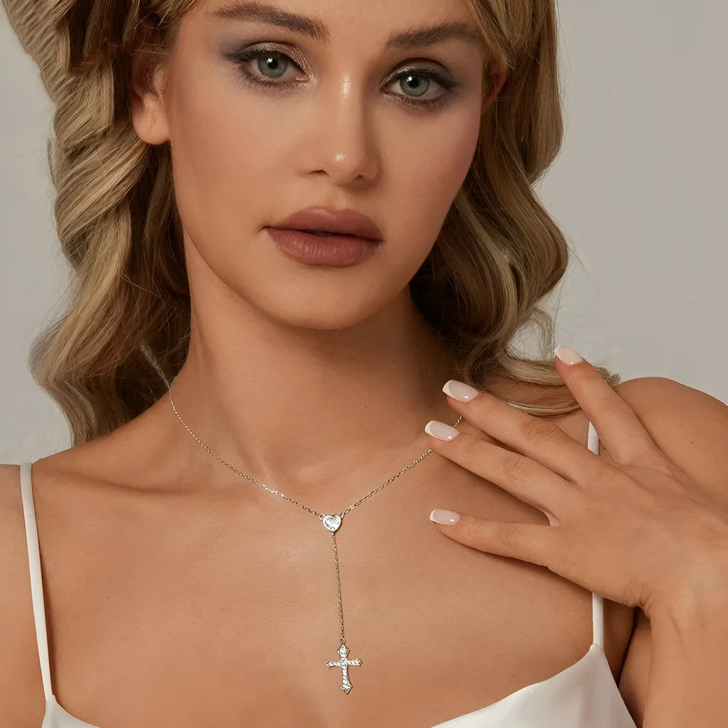 Women's simple V-neck necklace with silver love cross pendant on adjustable chain